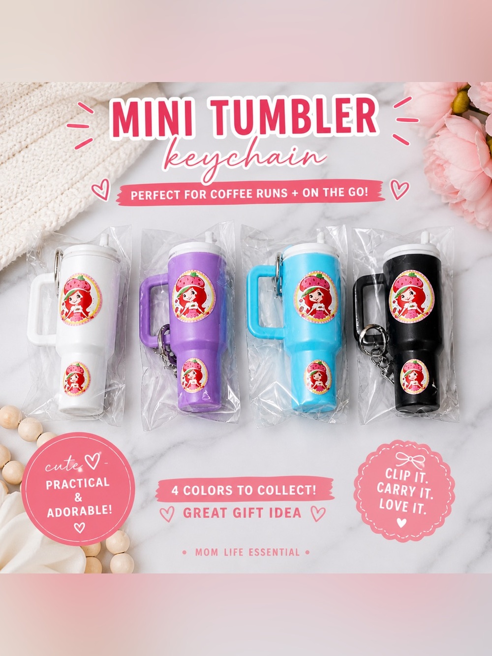 Mini Tumbler Keychain Cute Strawberry Cup Charm. Chapstick holder